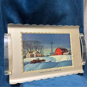 Vintage Dale Nichols “ Winter Landscape” Serving Tray w/ Lucite Handles